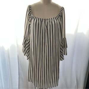 Vibe Sportswear Women's Black/White Striped Shift Dress w/Tiered Bell Sleeves-1X